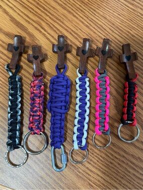 Wooden Worry Cross with Heart Inlay Paracord Keychains - Assorted Colors
